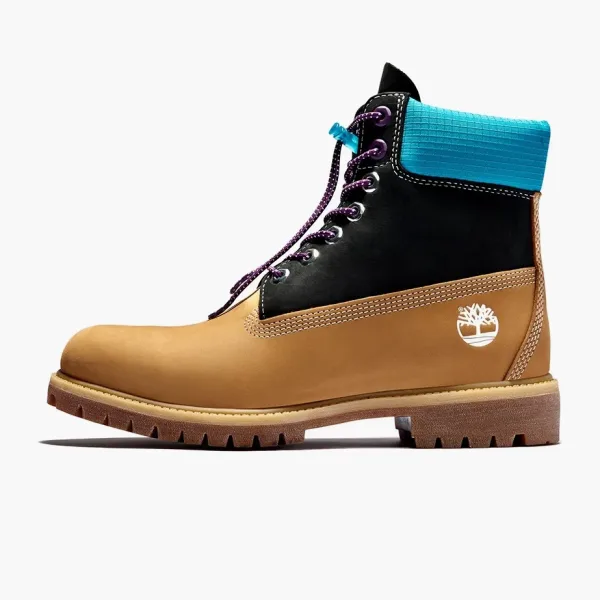 Timberland Premium 6 Inch Waterproof Boots Wheat Nubuck With Black And Blue Collar