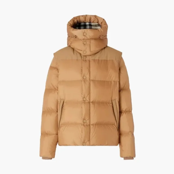 Burberry Detachable Sleeve Check Hooded Puffer Jacket Warm Honey