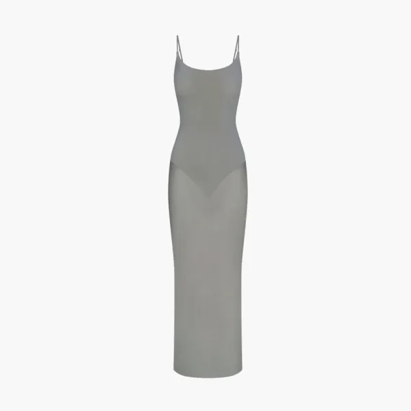 Skims Milky Sheer Low Back Long Dress Gunmetal