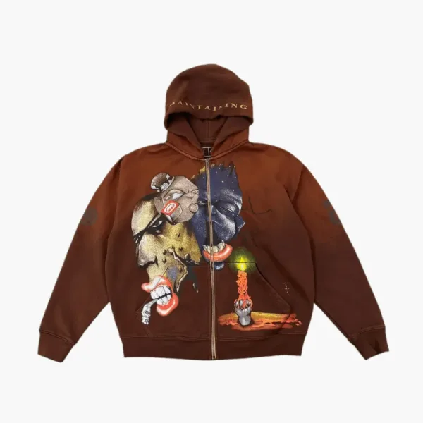 Travis Scott x ECKO Collaboration Funny Print Kangaroo Pocket Hooded Brown