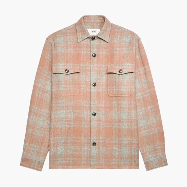 Ami Paris Plaid Wool Shirt Jacket Powder Pink/Pearl Grey