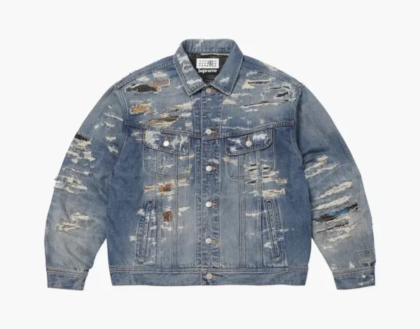 Supreme x MM6 Maison Margiela Distressed Selvedge Denim Trucker Jacket Washed Indigo