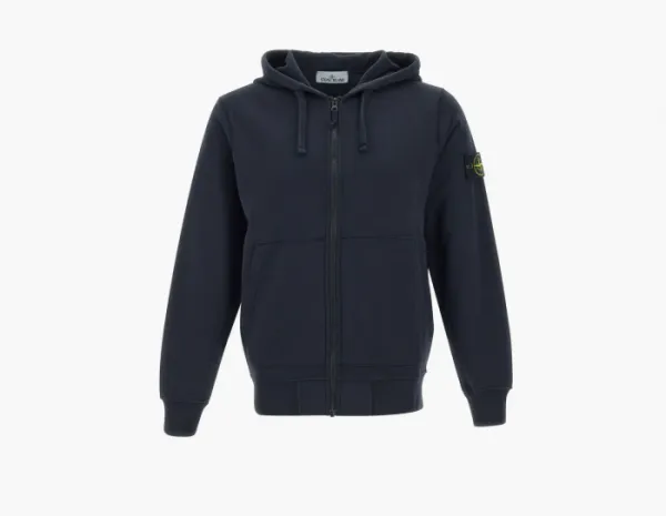 Stone Island Organic Cotton Fleece Hooded Sweatshirt with Drawstring Hood and Zip Navy Blue