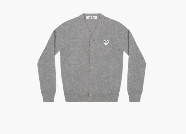 Comme des Garcons PLAY White Heart Knit Cardigan Sweater Light Grey