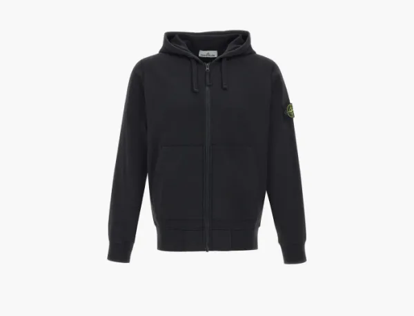 Stone Island Organic Cotton Fleece Hooded Sweatshirt with Drawstring Hood and Zip Black