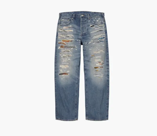 Supreme x MM6 Maison Margiela Distressed Loose Fit Selvedge Jeans Washed Indigo
