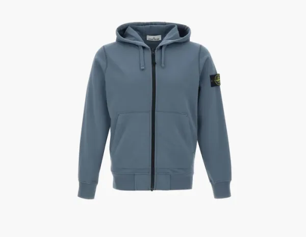Stone Island Organic Cotton Fleece Hooded Sweatshirt with Drawstring Hood and Zip Avio Blue