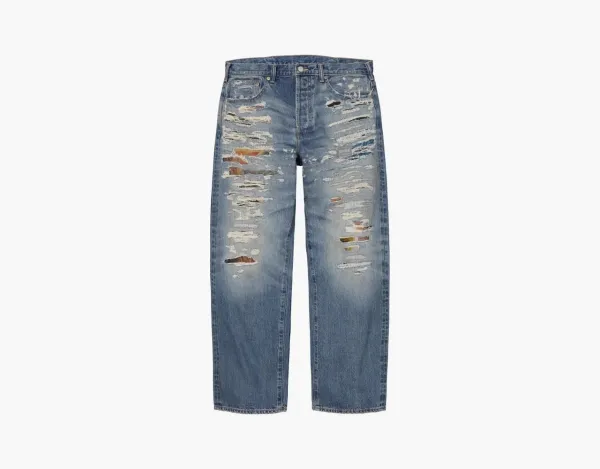 Supreme x MM6 Maison Margiela Distressed Loose Fit Selvedge Jeans Washed Indigo