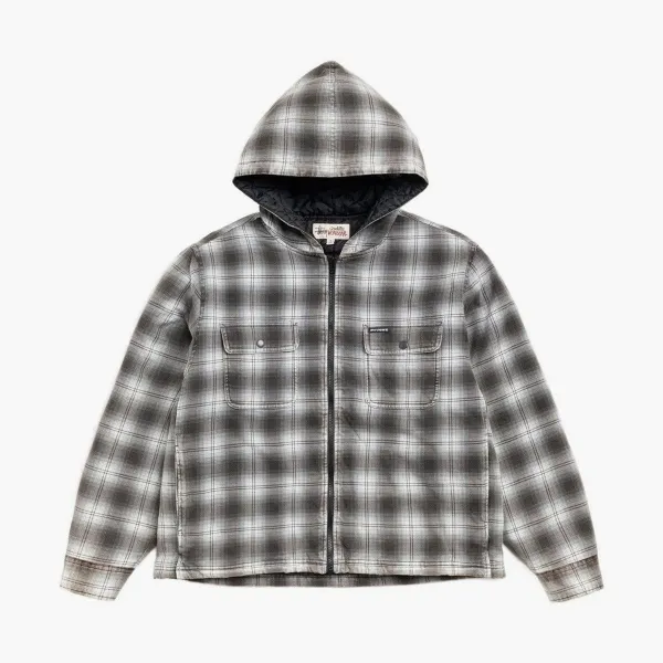 Stussy Zip Hooded Plaid Shirt Charcoal
