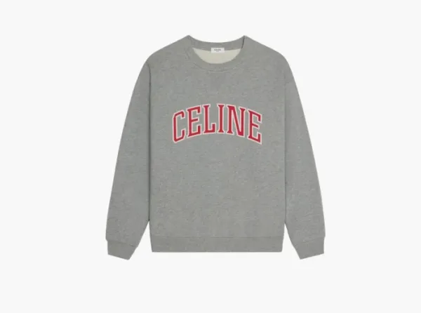 Celine Loose Sweatshirt In Cotton Fleece Grey Melange Red Off White