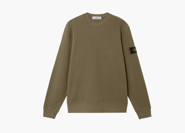 Stone Island Organic Cotton Waffle Fleece Crewneck Sweatshirt Military Green