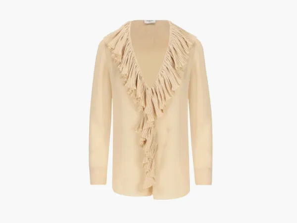 Saint Laurent Muslin Ruffle Blouse Beige
