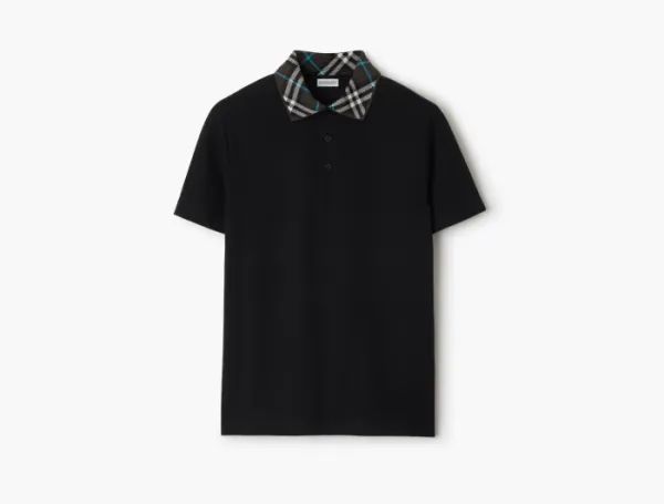 Burberry Check Collar Cotton Polo Shirt  Black