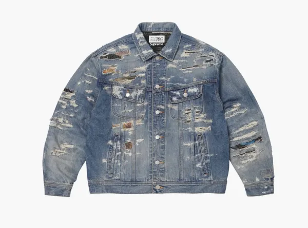Supreme x MM6 Maison Margiela Distressed Selvedge Denim Trucker Jacket Washed Indigo