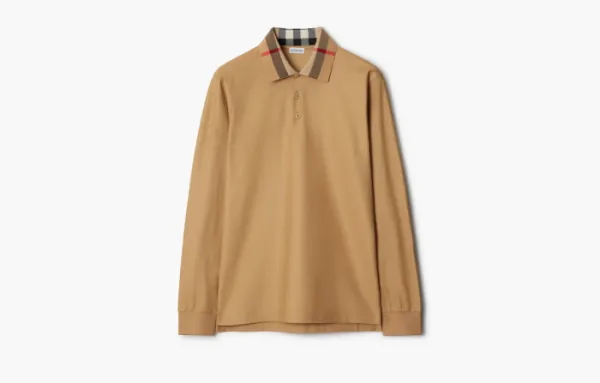 Burberry Long-sleeve Check Collar Cotton Polo Shirt  Archive beige