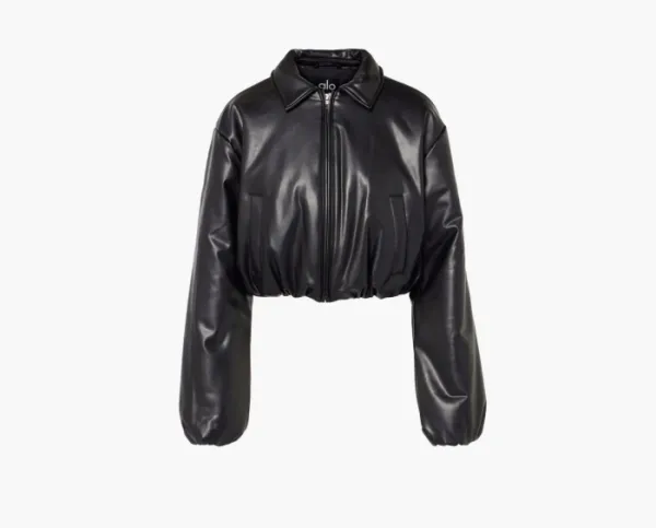 Alo Yoga Faux Leather Cropped Premier Bomber Black