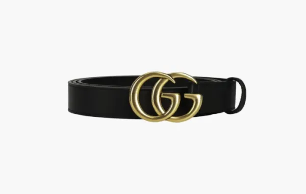 Gucci Double G Buckle Leather Slim Belt Black Gold
