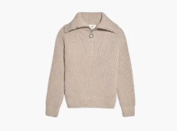 Ami Paris Zipped Collar Ribbed Sweater Oatmeal