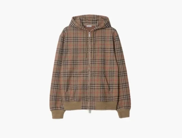 Burberry Check Cotton Blend Zip Hoodie  Nut