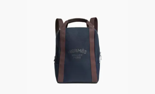 Hermes Groom Cotton Blend With Barenia Calfskin Backpack Marine Blue/Flame Orange