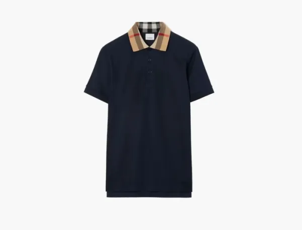 Burberry Check Collar Cotton Polo Shirt  Smoked navy