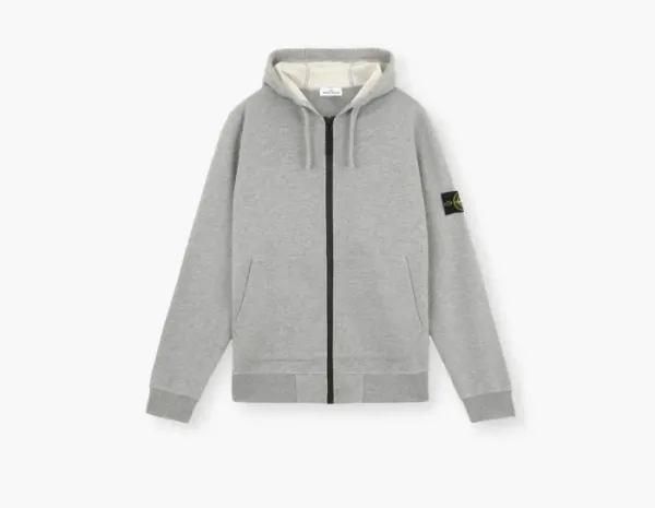 Stone Island Organic Cotton Fleece Hooded Sweatshirt with Drawstring Hood and Zip Dust Grey Melange