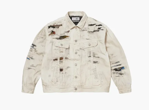 Supreme x MM6 Maison Margiela Distressed Selvedge Denim Trucker Jacket White