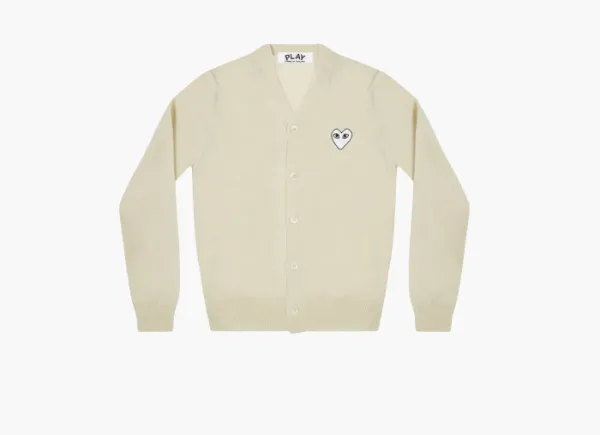 Comme des Garcons PLAY White Heart Knit Cardigan Sweater Natural