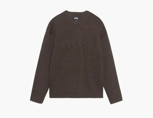 Stussy Embroidered V Neck Logo Sweater Brown