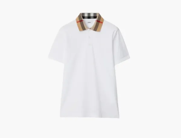 Burberry Check Collar Cotton Polo Shirt  White
