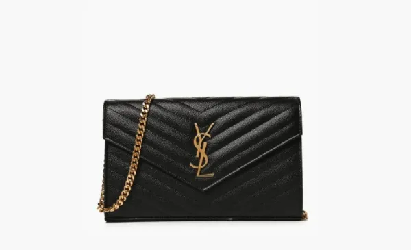 Saint Laurent Monogram Chain Wallet Matelasse Grain de Poudre Gold-tone Black
