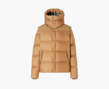 Burberry Detachable Sleeve Check Hooded Puffer Jacket Warm Honey