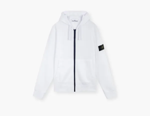 Stone Island Organic Cotton Fleece Hooded Sweatshirt with Drawstring Hood and Zip White