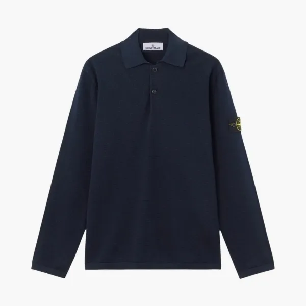 Stone Island Micro Stitch Soft Organic Cotton Long-Sleeve Polo Navy Blue