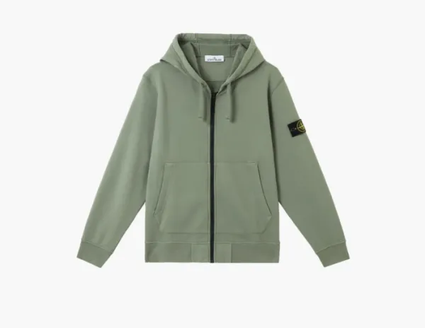 Stone Island Organic Cotton Fleece Hooded Sweatshirt with Drawstring Hood and Zip Sage Green