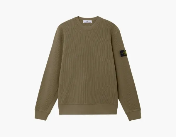 Stone Island Organic Cotton Waffle Fleece Crewneck Sweatshirt Military Green