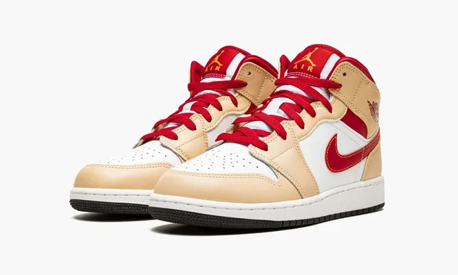 Кроссовки Air Jordan 1 Mid GS «Light Curry Cardinal» бежевый