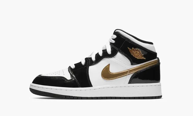 Кроссовки Air Jordan 1 Mid SE GS «Black Gold Patent Leather» черный