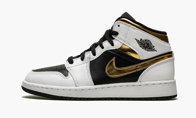 Кроссовки Air Jordan 1 Mid GS «White / Gold / Black» белый