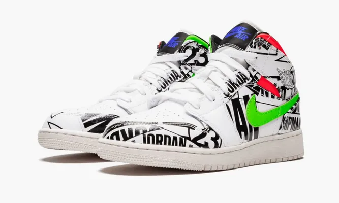 Кроссовки Air Jordan 1 Mid GS «All Over Logos» белый