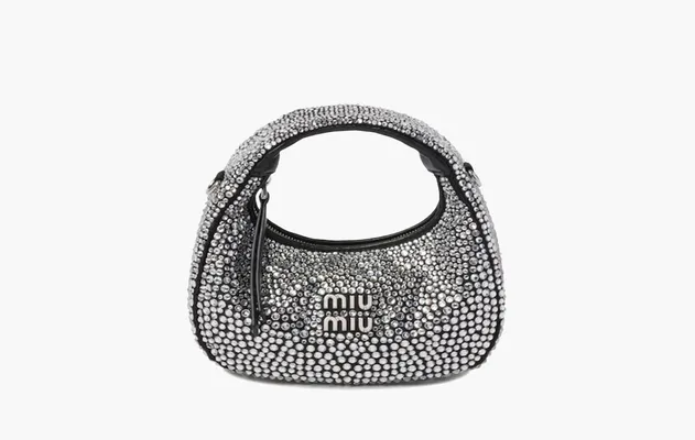 Сумки Miu Miu Wander Satin and Silk Mini Hobo Bag with Syntentic Crystals «Black» серый