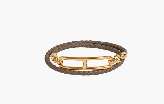 Аксессуары Hermes Roulis Double Tour Bracelet Swift Calfskin «Gold & Etoupe» коричневый