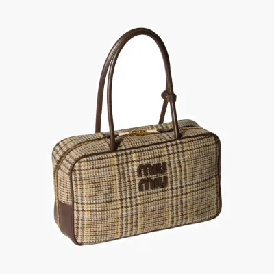 Сумки Miu Miu Beau Tartan Top-Handle Bag with Leather Details «Cocoa Brown» 