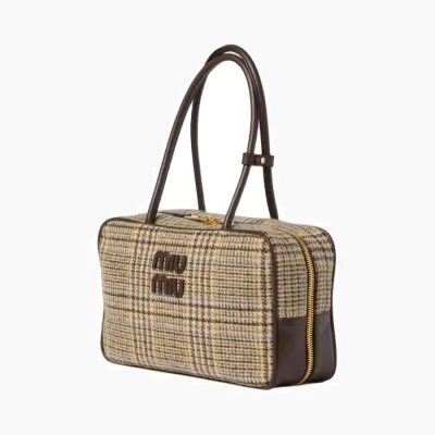 Сумки Miu Miu Beau Tartan Top-Handle Bag with Leather Details «Cocoa Brown» 