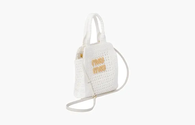 Сумки Miu Miu Raffia-effect Crochet Fabric Tote Bag «White/Beige» 