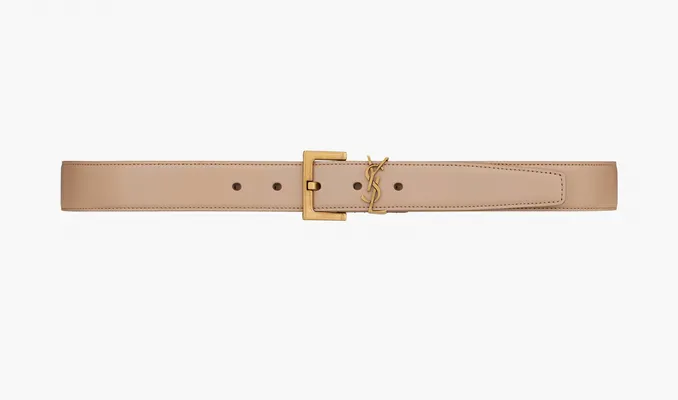 Аксессуары Saint Laurent Cassandre Shiny Leather Belt With Square Buckle «Dark Beige» bezhevye