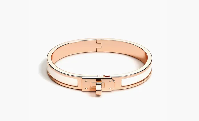  HERMES Enamel Rose Gold-Plated Metal Bangles «White» belye