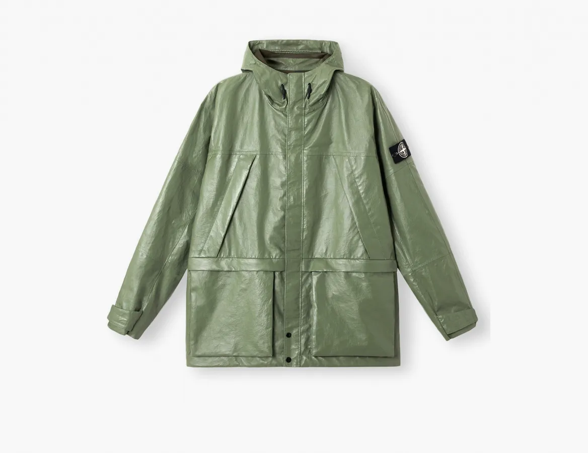 Stone Island Light Leather Organza Hooded Jacket with Waterproof Details «Sage Green»