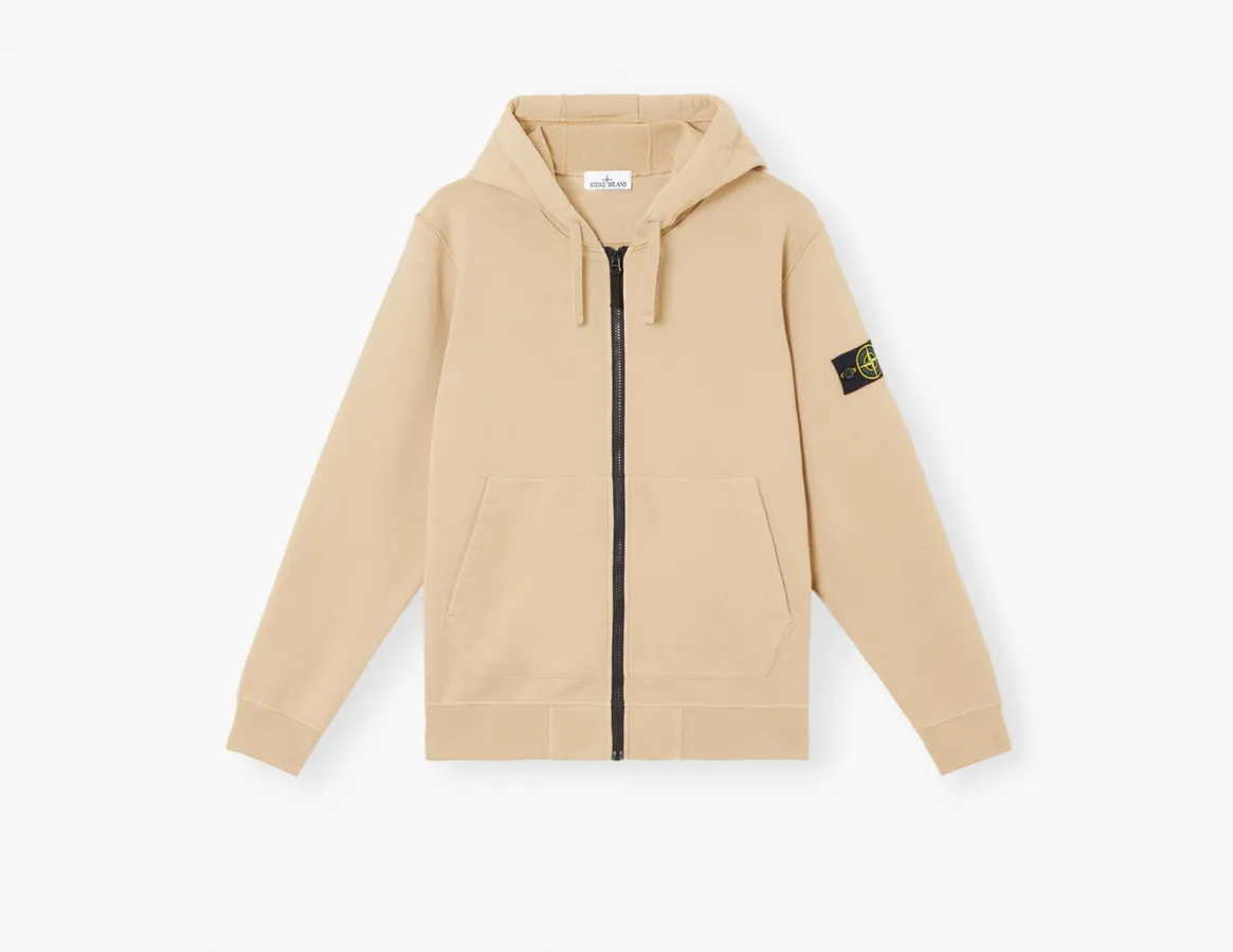 Stone Island Organic Cotton Fleece Hooded Sweatshirt with Drawstring Hood and Zip «Desert»