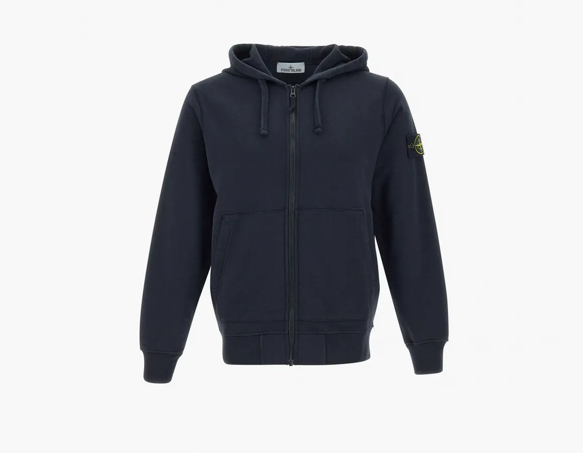 Stone Island Organic Cotton Fleece Hooded Sweatshirt with Drawstring Hood and Zip «Navy Blue»